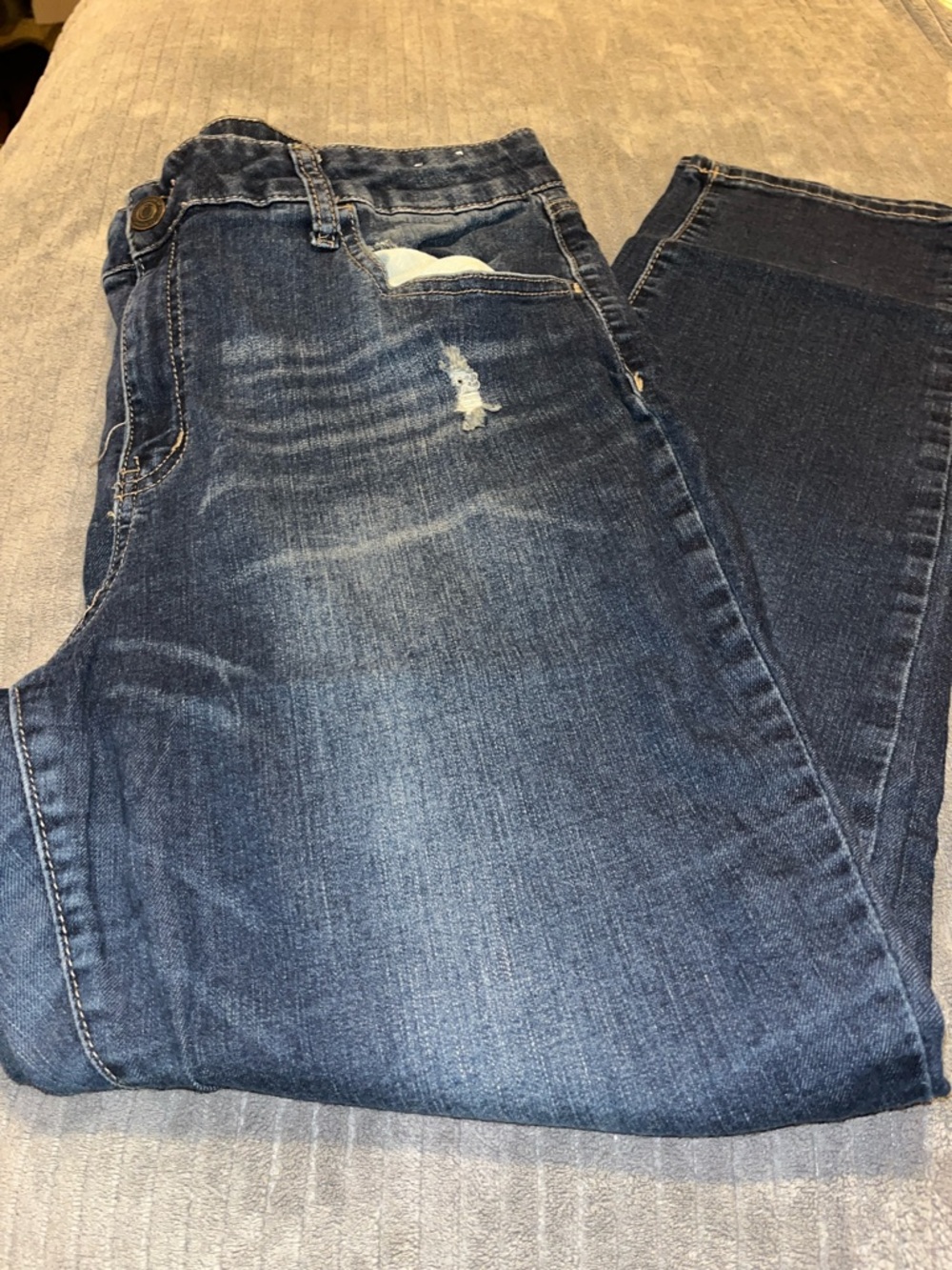 SO Women's Straight Leg Jeans in Dark Blue with Faded Distress